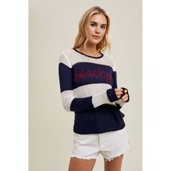 NWT WISHLIST Navy/Off White Beachy Embroidered Striped Sheer Top Top Size Medium - Picture 1 of 3